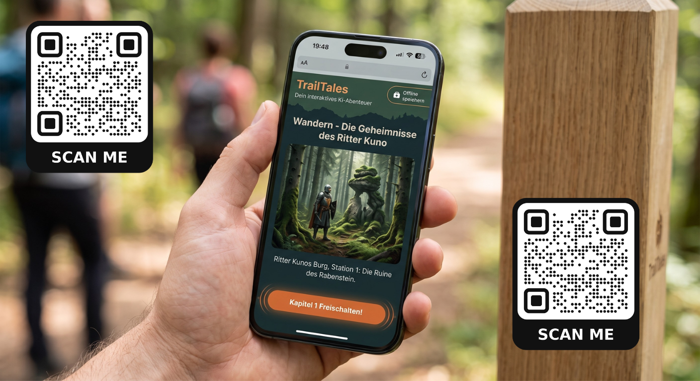 TrailTales auf dem Smartphone unterwegs an einer Wanderstation