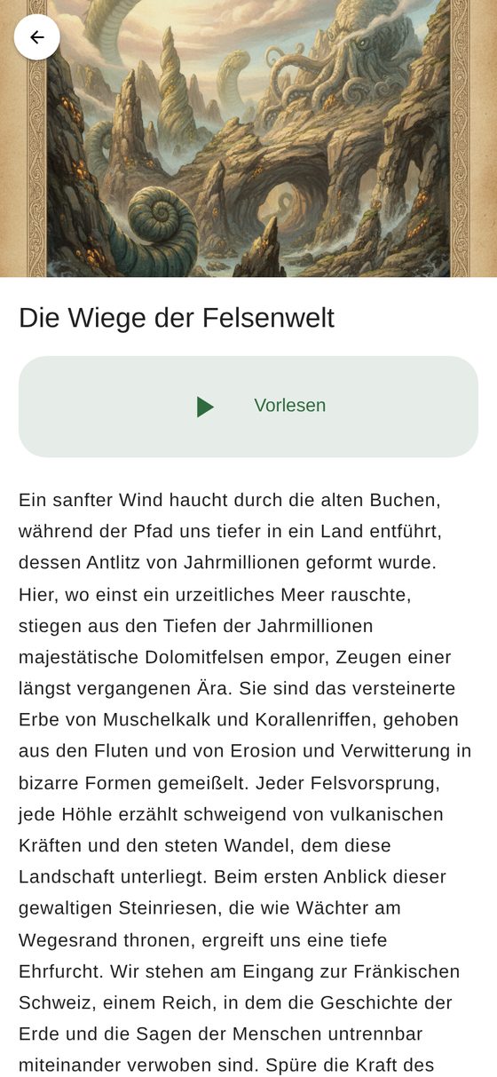 Kapitel-Ansicht mit KI-Illustration, Geschichtstext und Vorlesen-Button