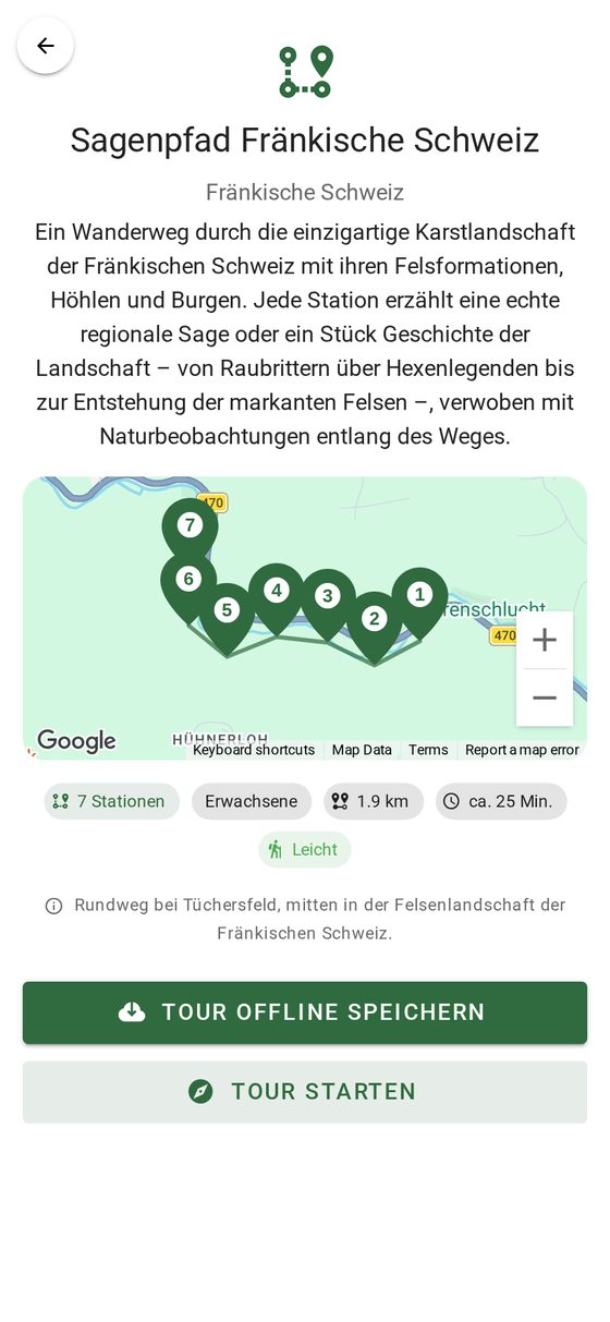 Tourdetails mit Karte, Stationen und Offline-Speichern-Button